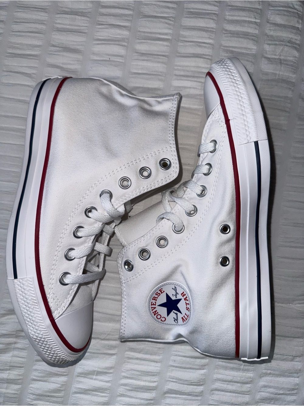 Converse White High Top Sneakers Womens 9 Men’s 7 Red & Blue Trim NEW ! - Picture 3 of 7